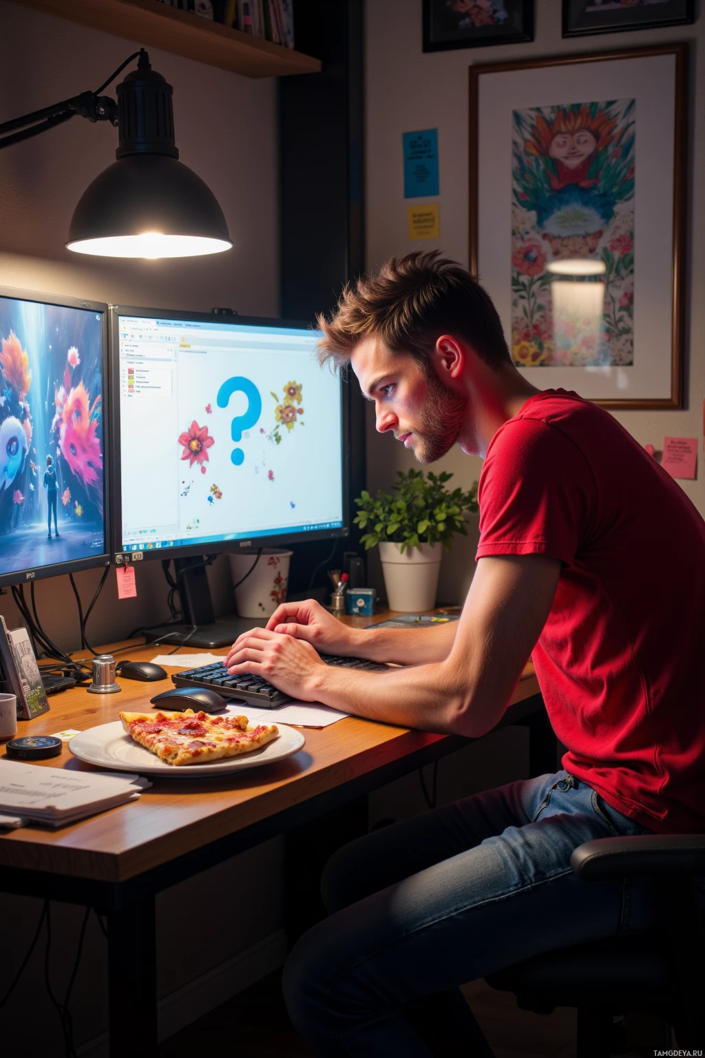 Realistic high quality photo. Man, 29, spiky brown hair, blue eyes, pale skin, bright red t‑shirt and blue jeans, hunched at a cluttered home studio desk at night, focused on an animation software window, a single slice of pizza on a plate beside him, animating an exaggerated eyebrow twitch and a glitchy error message, surrounded by sketch pads and sticky notes, embodying chaotic, asymmetrical motion energy.