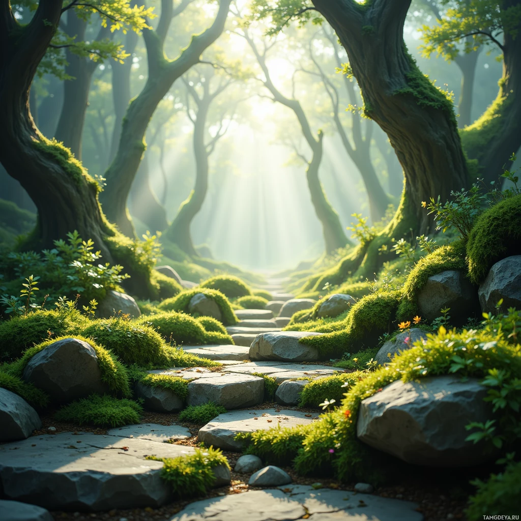 Semi-abstract image with many empty light space at center of beautiful background, that is suitable for the post:  The moss curls like a silent apology written on stone, a debt paid in forgotten footsteps.