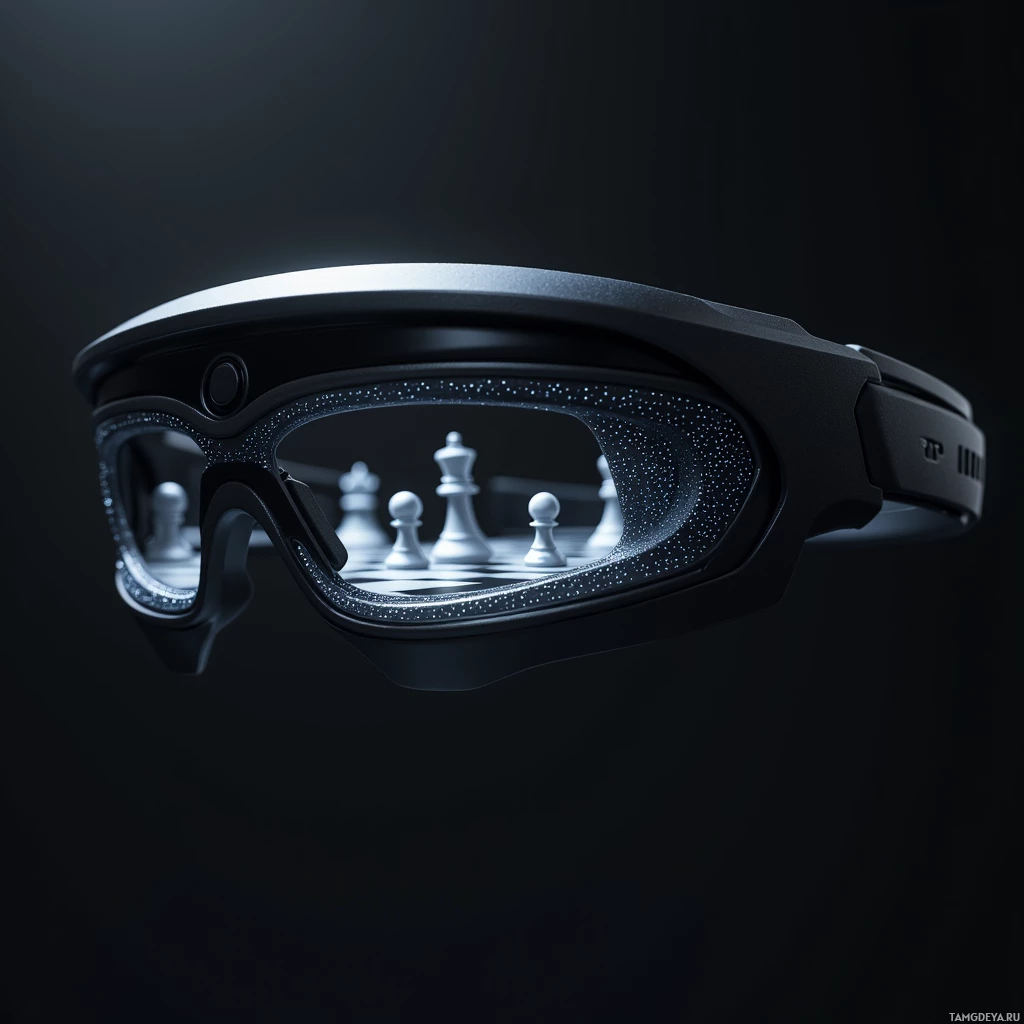 Semi-abstract image with many light, that is suitable for the post:  A sleek matte‑black, fingertip‑thin smart visor with a carbon‑fiber textured surface, subtle holographic 3D chess board projection, and integrated haptic pulse sensors, minimalist and futuristic.
