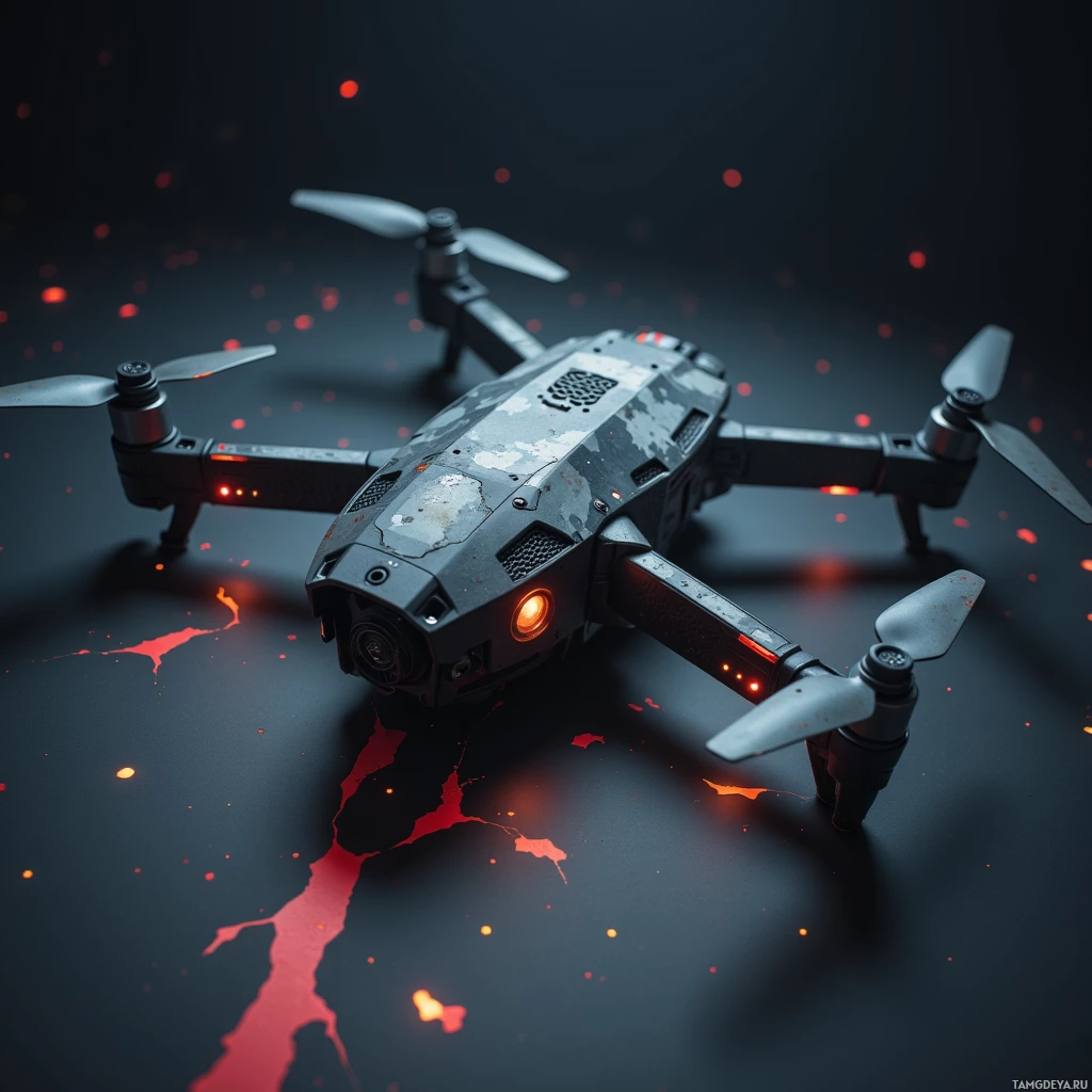 Semi-abstract image with many light, that is suitable for the post:  Compact matte‑black drone with a seamless carbon‑fiber lattice frame, no visible motors, adaptive camo panels that shift color and texture, and sleek silent propellers for a stealthy silhouette.