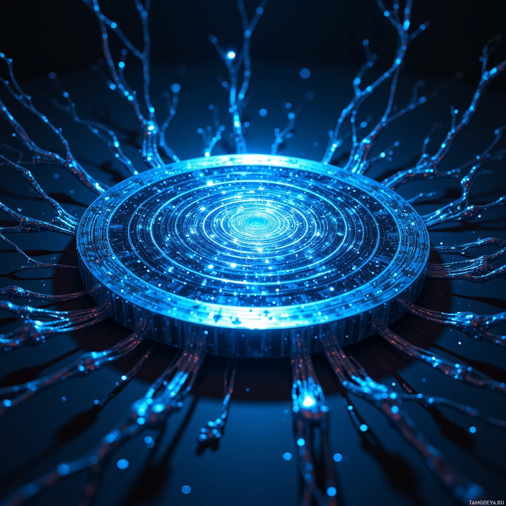 Semi-abstract image with many light, that is suitable for the post:  A tiny silvered disk of carbon‑nanowires with a shifting fractal etched pattern, emitting a faint blue glow as its ultra‑fine lattice rearranges in real time.