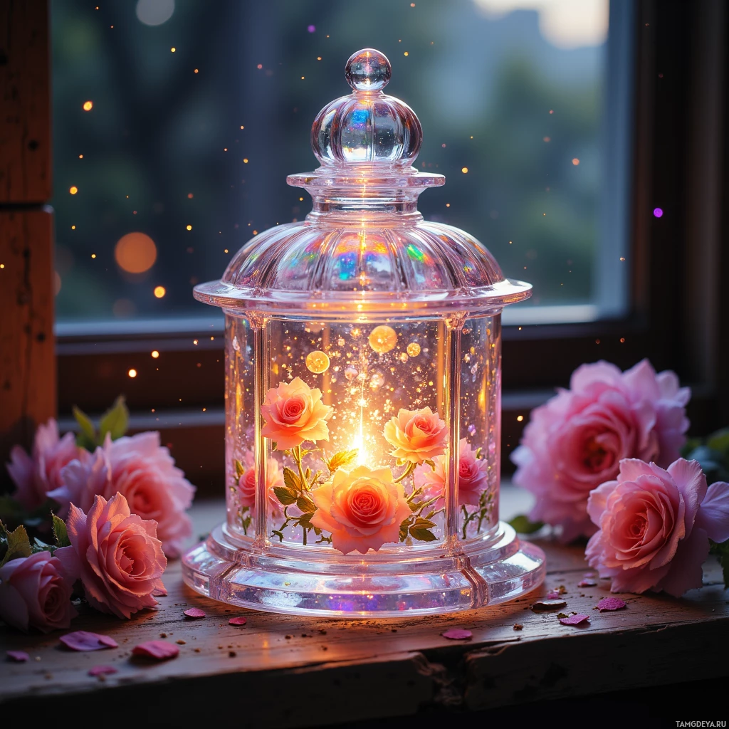 Semi-abstract image with many light, that is suitable for the post:  tiny hand‑crafted crystal lantern made of translucent glass and iridescent mica, etched delicate roses that breathe, glowing sunrise light, petals unfurling with a gentle mist, hidden compartment for a pressed flower, iridescent color shifts.