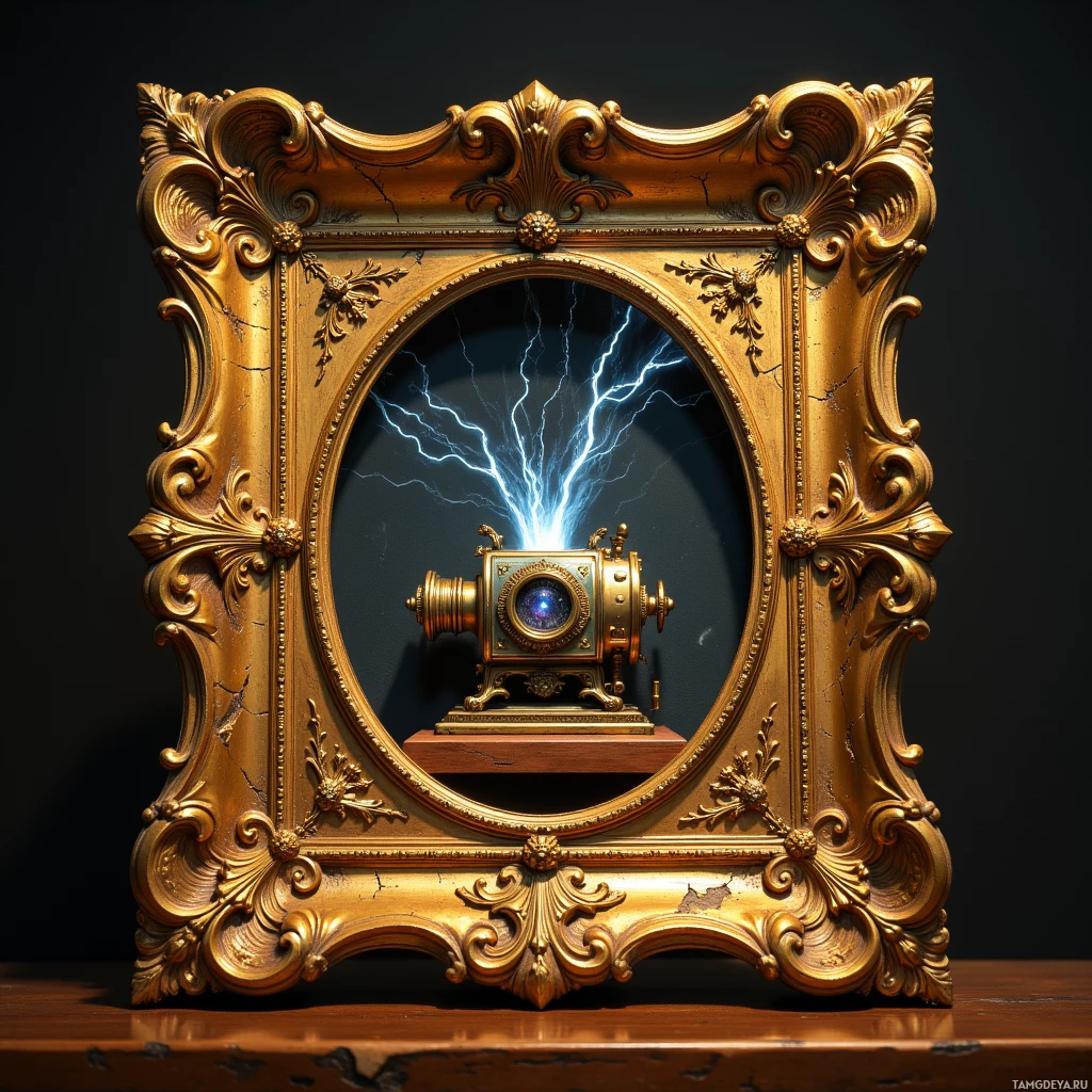 Semi-abstract image with many light, that is suitable for the post:  A 17th‑century style portrait frame crafted from antique wood, heavily gilded with thick gold leaf that shows subtle cracks, featuring intricate brass hinges etched with delicate vine motifs and concealing a tiny ultra‑miniature projector inside, rendered in ornate, realistic detail.