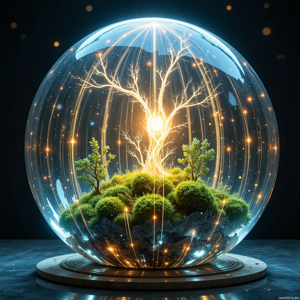 Semi-abstract image with many light, that is suitable for the post:  Translucent crystal sphere with a glowing moss interior, glass shell interwoven with living wood filaments, embedded sensor strips pulsing faintly, and subtle iridescent light patterns mimicking natural sun cycles.
