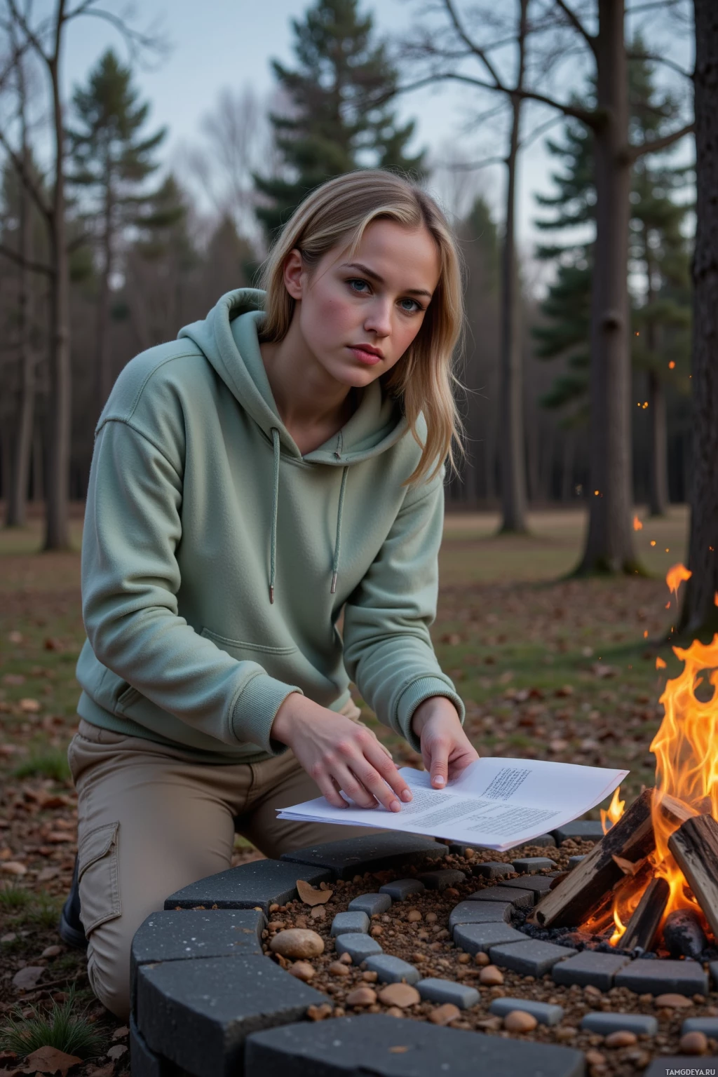 Realistic high quality photo. A woman in her mid-twenties with shoulder‑length blonde braids, blue eyes, wearing a pale green hoodie and beige utility pants, stands in a forest clearing at dusk, carefully adjusting concentric stone rings of a handcrafted fire pit while holding a blueprint, her focused expression reflecting a competitive, creative mindset.