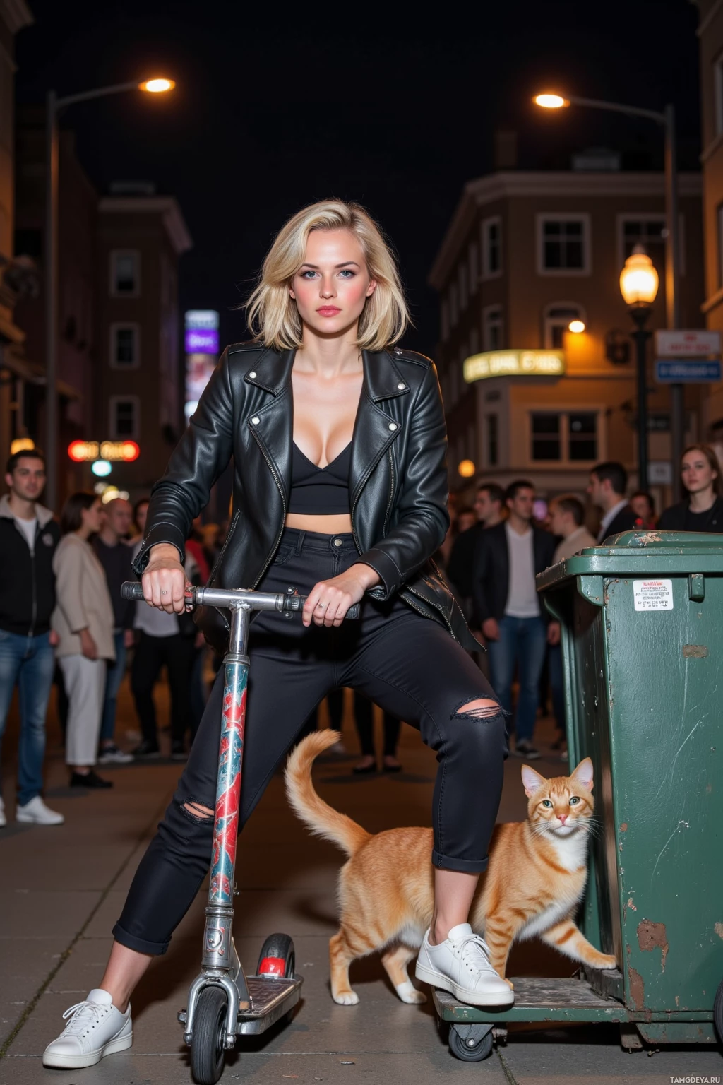 Realistic high quality photo. Woman, 28, platinum blonde hair, blue eyes, fair skin, sharp jawline, wearing a fitted leather jacket, silver jewelry, icy makeup, riding a scooter at 3 a.m. down a downtown street, swerving past a stray cat, sliding into a dumpster to perform an urban freestyle move, crowd cheering, night with streetlamp glow, urban chaos.