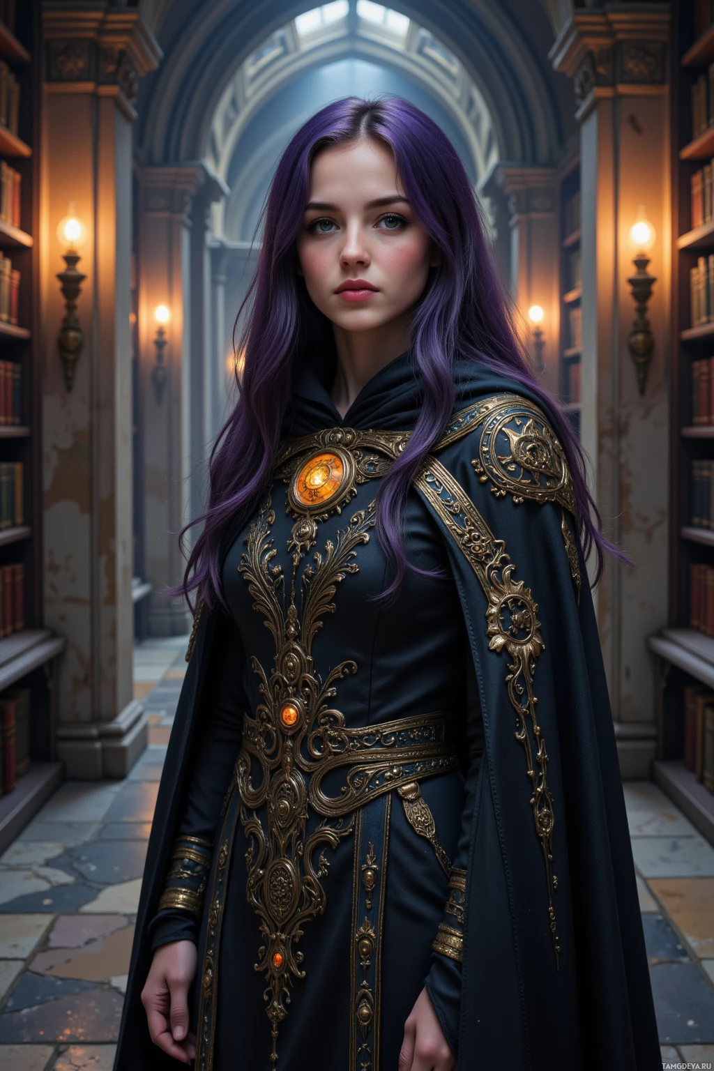 Realistic high quality photo. Female, 29, long flowing dark purple hair, emerald green eyes, pale complexion, wearing an intricately patterned cloak with glowing symbols, calmly standing in a twilight corridor of an ancient library surrounded by towering shelves of vellum, flickering lamplight, a single rune glowing softly on stone, faint distant bells echoing through stone.