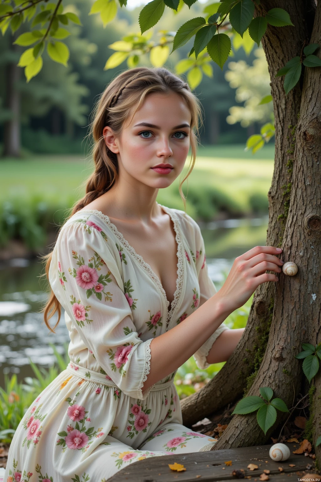 Realistic high quality photo. 32‑year‑old woman with light brown braided hair intertwined with fresh green leaves, pale skin, clear blue eyes, wearing a vintage floral dress with delicate lace, seated on a wooden bench beside a gently flowing river, tracing faint grooves on the bark of an elm tree, a small snail shell next to her, late afternoon light casting soft shadows, a wry smile on her face.