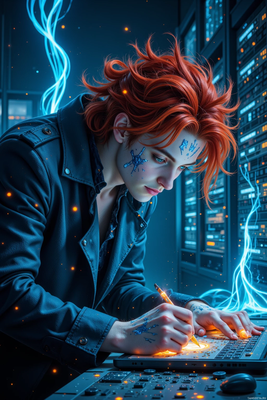Realistic high quality photo. Male, 29, wild fiery‑red hair, blue eyes patterned like circuitry, luminescent shifting skin, wearing a coat of flowing light particles, leaning over a dimly lit server room console surrounded by humming racks and cascading data streams, sketching fractal patterns in his mind amid the quiet hum of circuitry.