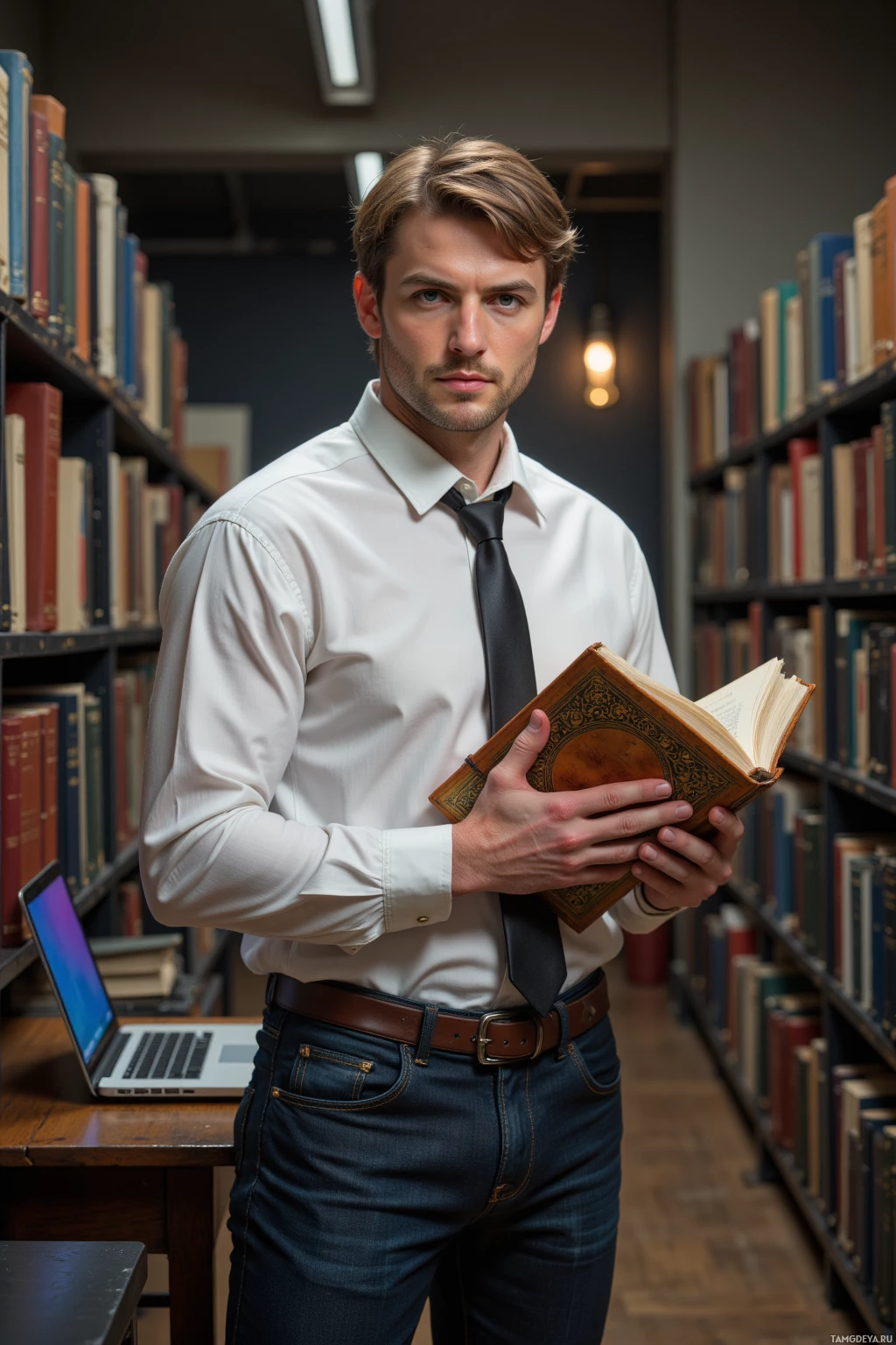 Realistic high quality photo. A calm 33‑year‑old man with light brown hair and blue eyes, wearing a white shirt, slim black tie and dark jeans, standing in a quiet archive hall on a quiet afternoon, gently tracing the embossed spine of a limited slipcover while a soft click of a catalog index page echoes, surrounded by lined shelves of slipcovers and a small laptop open on a table, illuminated by natural light.
