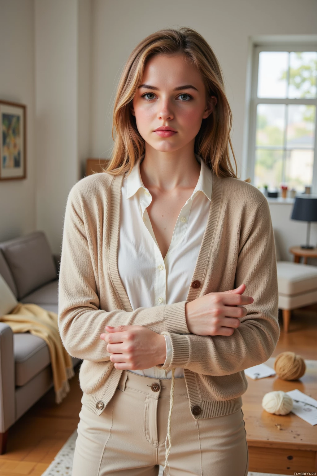 Realistic high quality photo. 26‑year‑old woman with medium‑length light brown hair, blue eyes, wearing a beige cardigan over a white blouse and simple trousers, rolling up her sleeves in a cozy living room, knitting needles and tangled yarn on a wooden table, afternoon sunlight streaming through the window, expression slightly frustrated but determined.