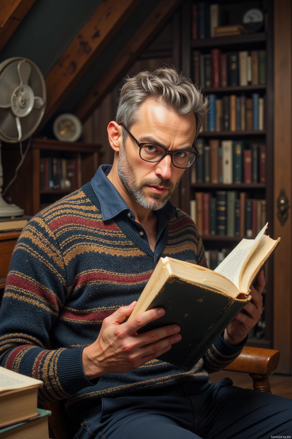 Realistic high quality photo. A 35‑year‑old man with short gray hair, blue eyes, pale skin, wearing a cozy sweater and reading glasses perched on his nose, holding a thick biography in an attic study, surrounded by swirling dust motes in warm afternoon light and an old electric fan humming softly, his thoughtful gaze fixed on a marginal note.