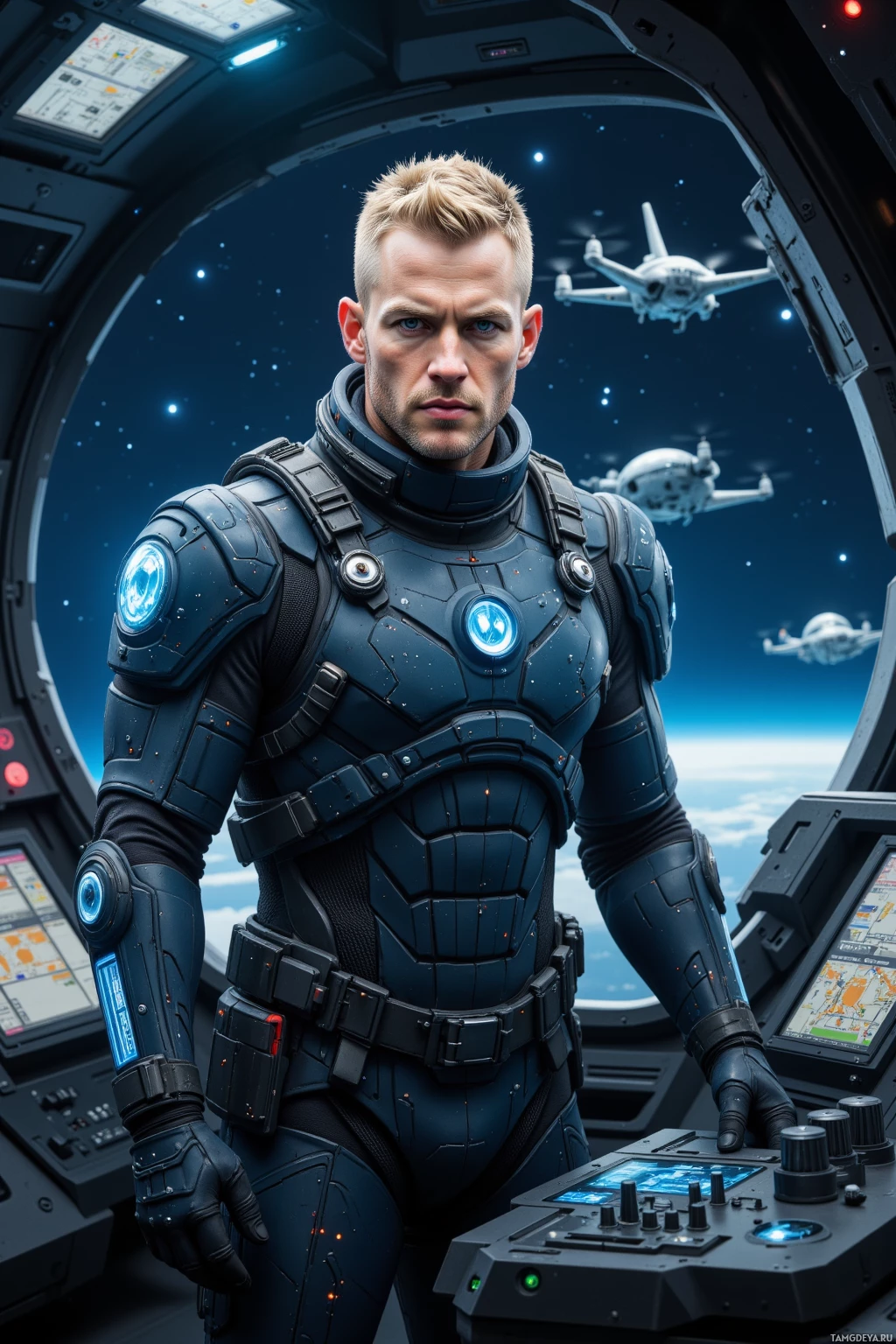 Realistic high quality photo. 45‑year‑old male with short blonde buzzcut, piercing blue eyes, pale skin, wearing a dark tactical suit, standing in a spacecraft command center with holographic orbital shield displays, calibrating controls while drones orbit outside, focused, efficient, and calm amid a starfield backdrop, no flashy decorations.