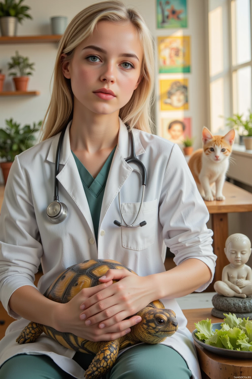 Realistic high quality photo. A young female veterinarian, 26, long blonde hair, bright blue eyes, wearing a fitted white lab coat and stethoscope, calmly mediating in a quiet clinic room with warm afternoon light as a sullen tortoise on a wooden bench and a kitten perched on a small cushion near a bowl of lettuce and a tiny Zen statue.