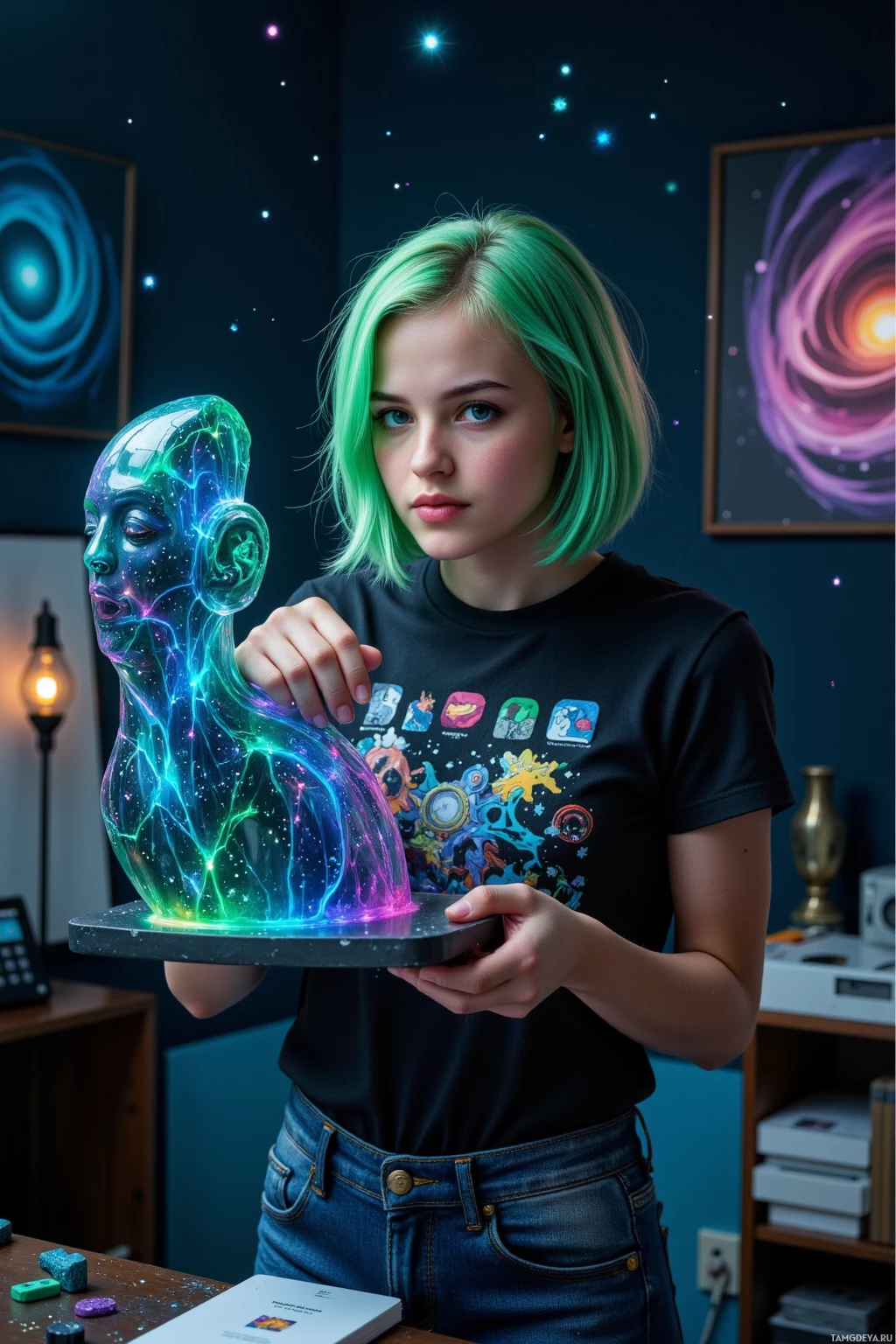 Realistic high quality photo. A young woman with bright green messy bobbed hair, blue‑green eyes, fair skin, wearing a black graphic t‑shirt, high‑waisted denim jeans and white Converse sneakers, stands in a dim holographic studio, slipping a shard of nebula glass into a holo‑sculpt, its iridescent glow bleeding across the walls while floating pixels swirl like fireflies in a black‑hole‑like void, her hands trembling with excitement.