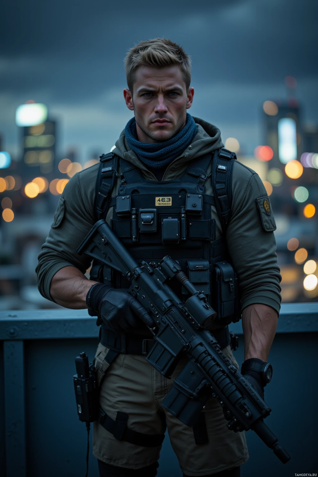 Realistic high quality photo. A muscular 34-year-old man with short blonde hair and piercing blue eyes in tactical gear and practical outdoor clothing stands on a rooftop at night, wind whipping the metal panels around him while city lights flicker below, his calm, stoic posture unwavering as he guards the perimeter.