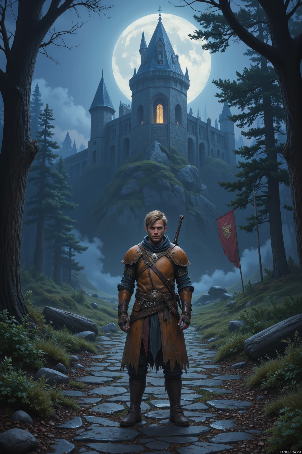 Realistic high quality photo. Lone 38‑year‑old man with tousled light brown hair and piercing blue eyes, wearing worn tan leather armor with visible weathering, stands on a moonlit path littered with shattered banners, sword in hand, beneath the looming ruined keep in a misty forest at night.