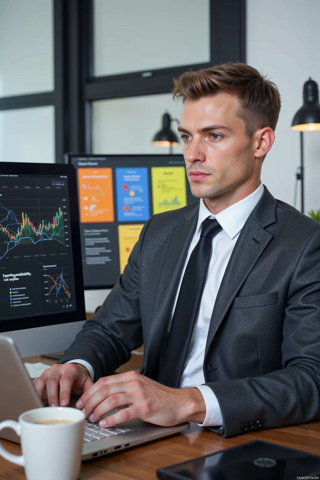Realistic high quality photo. A 34‑year‑old man with short light brown hair, blue eyes, pale skin and sharp features, wearing a tailored dark gray suit, crisp white shirt, and slim black tie, sits at a modern office desk at midday, intensely typing on a laptop whose screen displays a chaotic, color‑mixed dashboard with broken pivot tables, while a sticky note on the monitor reads “Expecting predictability, not surprise” and a glass of coffee sits beside him, his expression calm yet methodical.