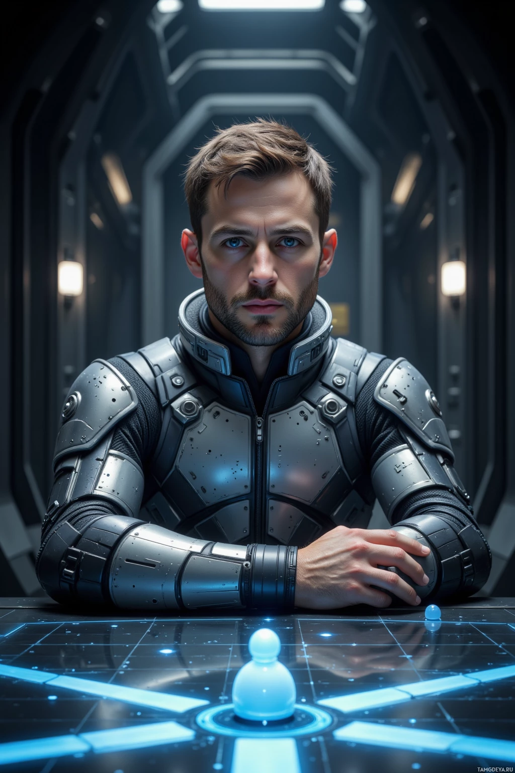 Realistic high quality photo. 35‑year‑old man with light brown short hair, blue eyes, pale skin in a sleek silver‑gray techsuit with segmented panels, seated at a dark metallic table in a dimly lit sci‑fi negotiation chamber, manipulating a translucent baton over a holographic tactical grid where a glowing pawn icon moves, his expression composed and distant, ambient low hum of machinery.