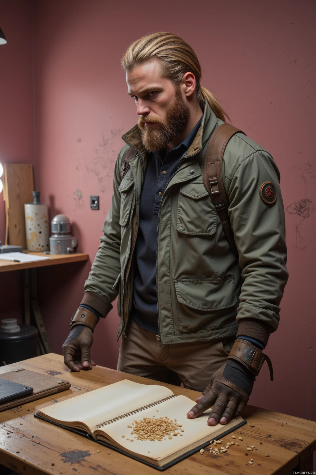 Realistic high quality photo. Male, 33, long blonde hair in a ponytail, thick beard, blue eyes, wearing a rugged outdoor jacket, casual pants, sturdy hiking boots, standing in a studio with muted pink walls, a single grain of wheat on a wooden table, a closed sketchbook with tightly closed covers, faint sketches on the walls, soft desk lamp light, focused gaze on the grain, hand resting on the sketchbook, slight foot tapping, quiet concentration.