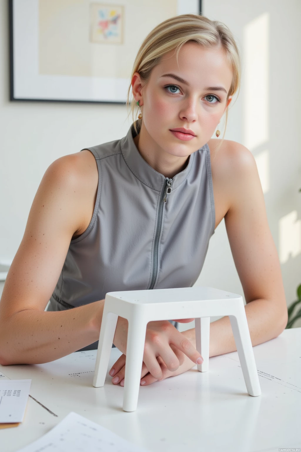 Realistic high quality photo. A 27‑year‑old woman with short blonde hair, blue eyes, pale skin, wearing a sleek gray jumpsuit and geometric earrings, sits at a humming drafting table with a laser cutter, reviewing an empty minimalist chair with smooth, sharp lines that deliberately refuses to be sat on, in a clean, modern studio bathed in soft afternoon light.