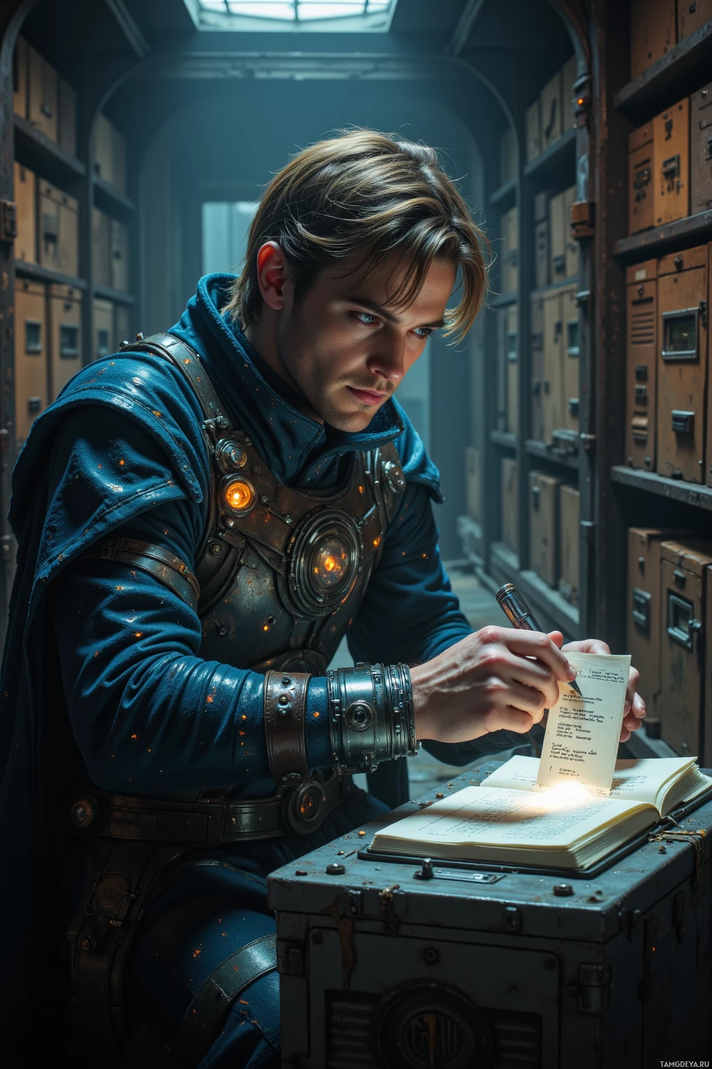 Realistic high quality photo. Male archivist, 36, light brown hair, blue eyes, wearing layered robes with embedded circuitry and translucent data patterns, in a dim dust‑filled vault chamber of a retro‑futuristic archive, carefully aligning a 1.2 MB legacy .DAT file on a floating data interface, logging checksum values into a metallic ledger, and sealing the file into a glowing time capsule surrounded by shelves of antique storage units.