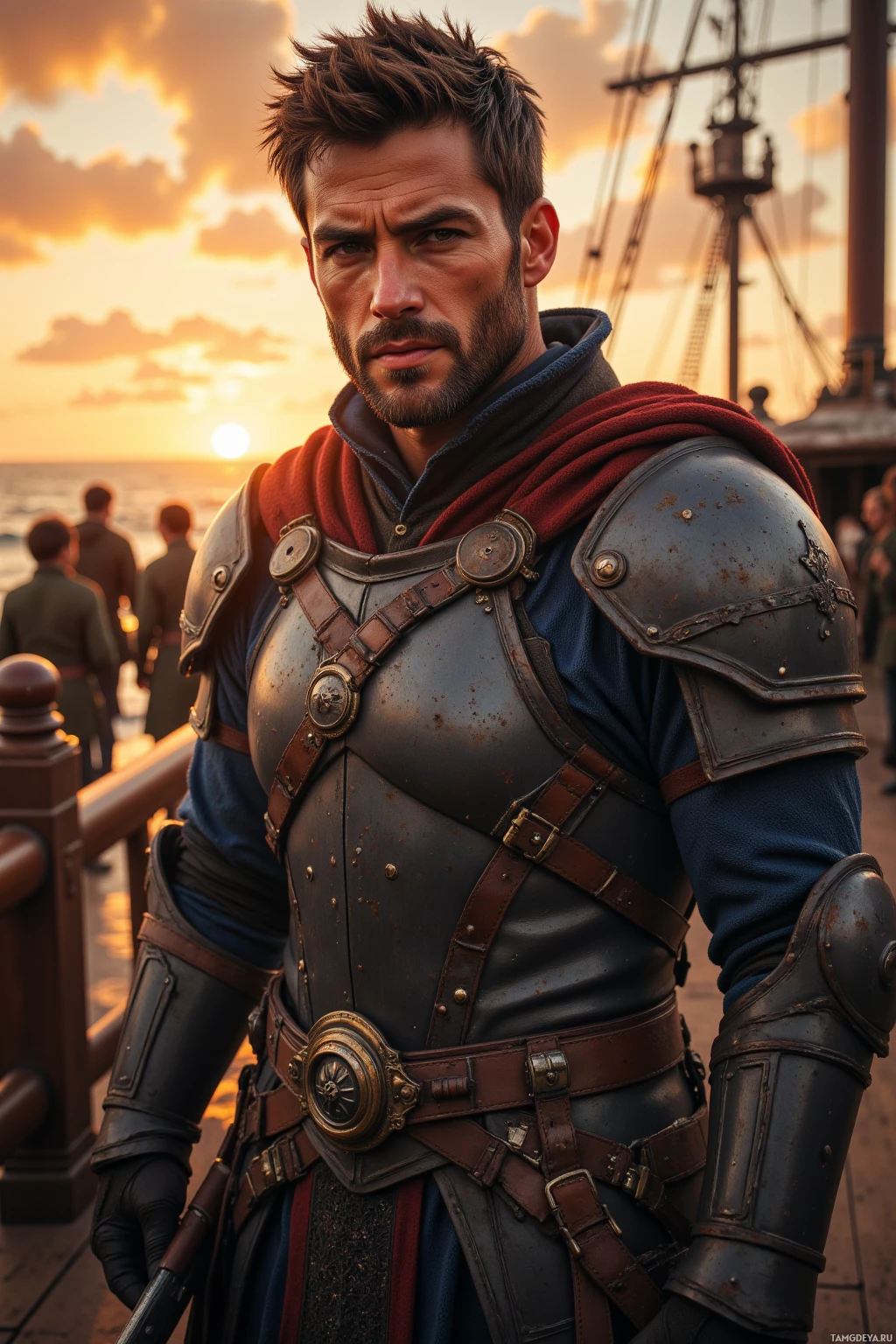 Realistic high quality photo. A rugged 45‑year‑old male with short salt‑and‑pepper hair, deep brown eyes, warm sun‑kissed skin, wearing reflective dark armor and holding a humming tablet, stands on a ship deck at dawn with wind whipping crew faces, his posture calm yet resolute.