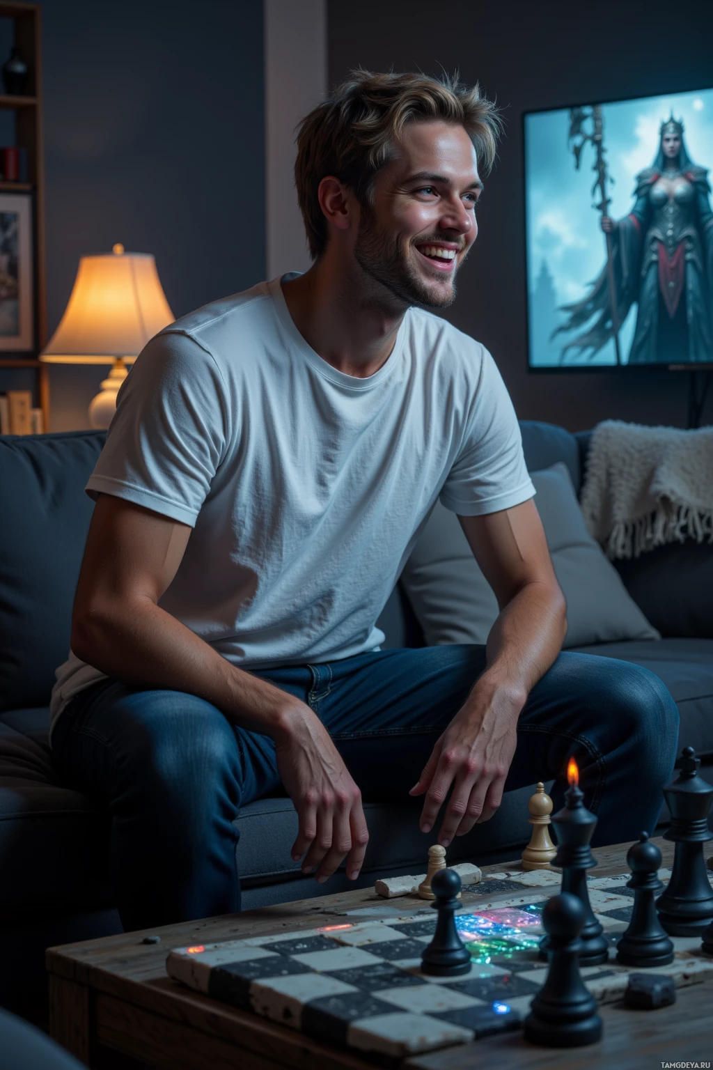 Realistic high quality photo. Man, 26, messy blonde hair, blue eyes, wearing a loose white t-shirt and relaxed dark jeans, laughing in a dimly lit living room at night, surrounded by friends around a coffee table with glitching chess pieces, a glowing monitor displays a video game featuring a warrior queen, modern realism.
