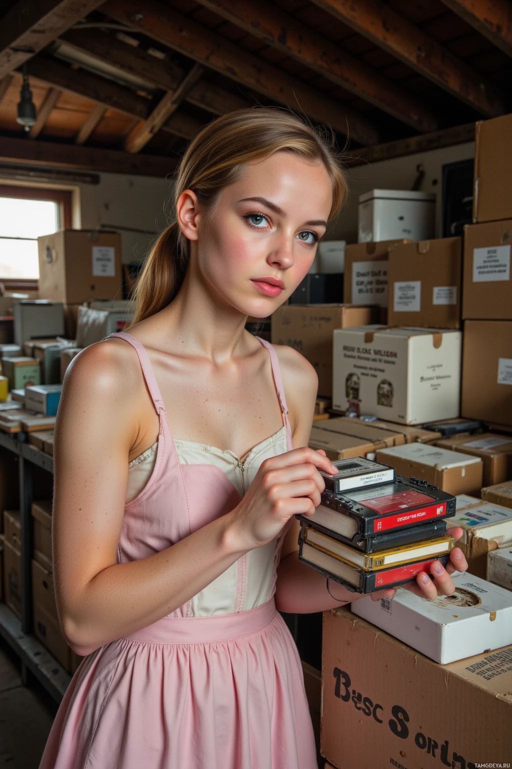 Realistic high quality photo. A woman in her forties with light brown hair in a retro ponytail and bright blue eyes, wearing a pastel pink dress with a full skirt and a vintage-style apron, carefully dusts a stack of 8‑track tapes in a dusty attic filled with boxes under warm afternoon light.
