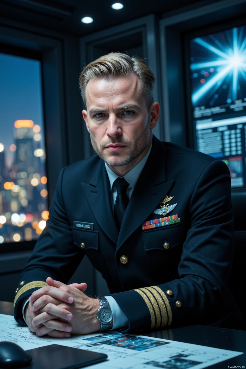 Realistic high quality photo. 48‑year‑old tall male, slicked‑back light blonde hair, piercing cold blue eyes, stern expression, wearing a sharply tailored formal black military uniform with subtle rank insignia, seated at a high‑tech observation room table surrounded by glowing data feeds and monitors, city lights flickering outside, night time, commanding posture, modern realism.