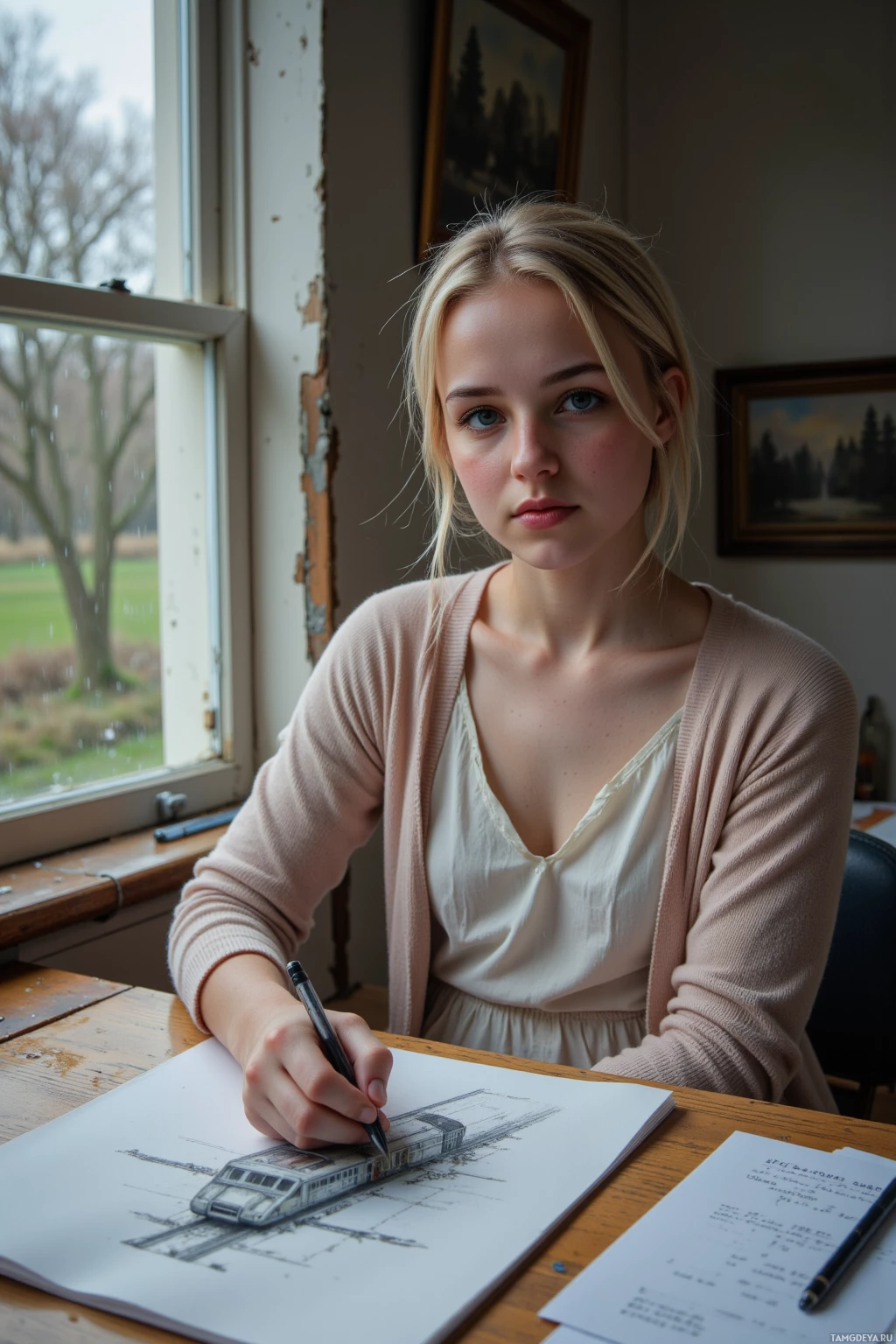 Realistic high quality photo. Young woman, 26, pale skin, blonde hair in a loose bun, blue eyes, wearing a light pastel cardigan over a flowy blouse, sits at a wooden desk by a rain‑tapped window, sketching charcoal lines of an abandoned train station on paper, papers scattered around, muted indoor light, rainy day ambiance, solitary and reflective.