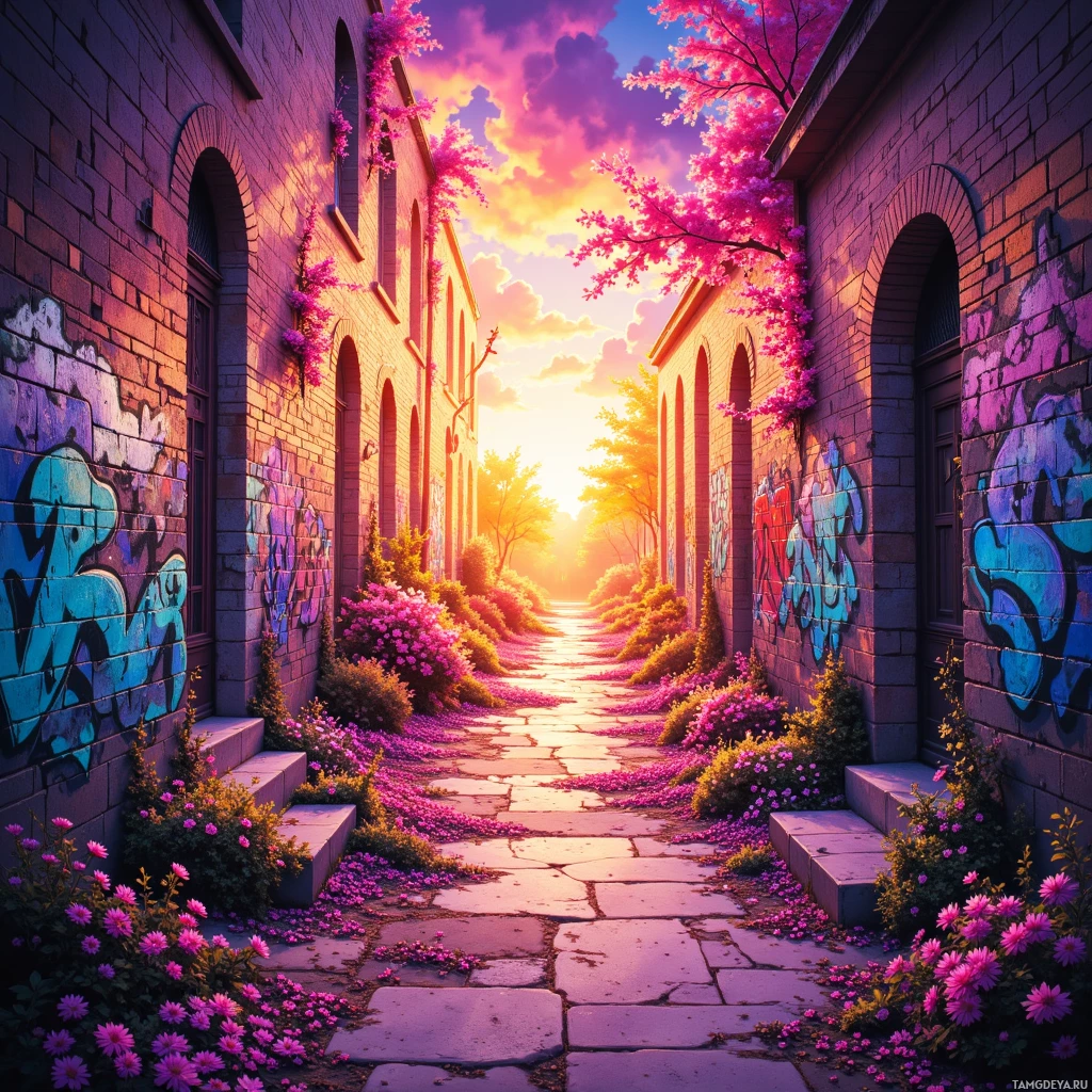 Semi-abstract image with many empty light space at center of beautiful background, that is suitable for the post:  Graffiti sunrise, beats bloom on brick like neon pollen.