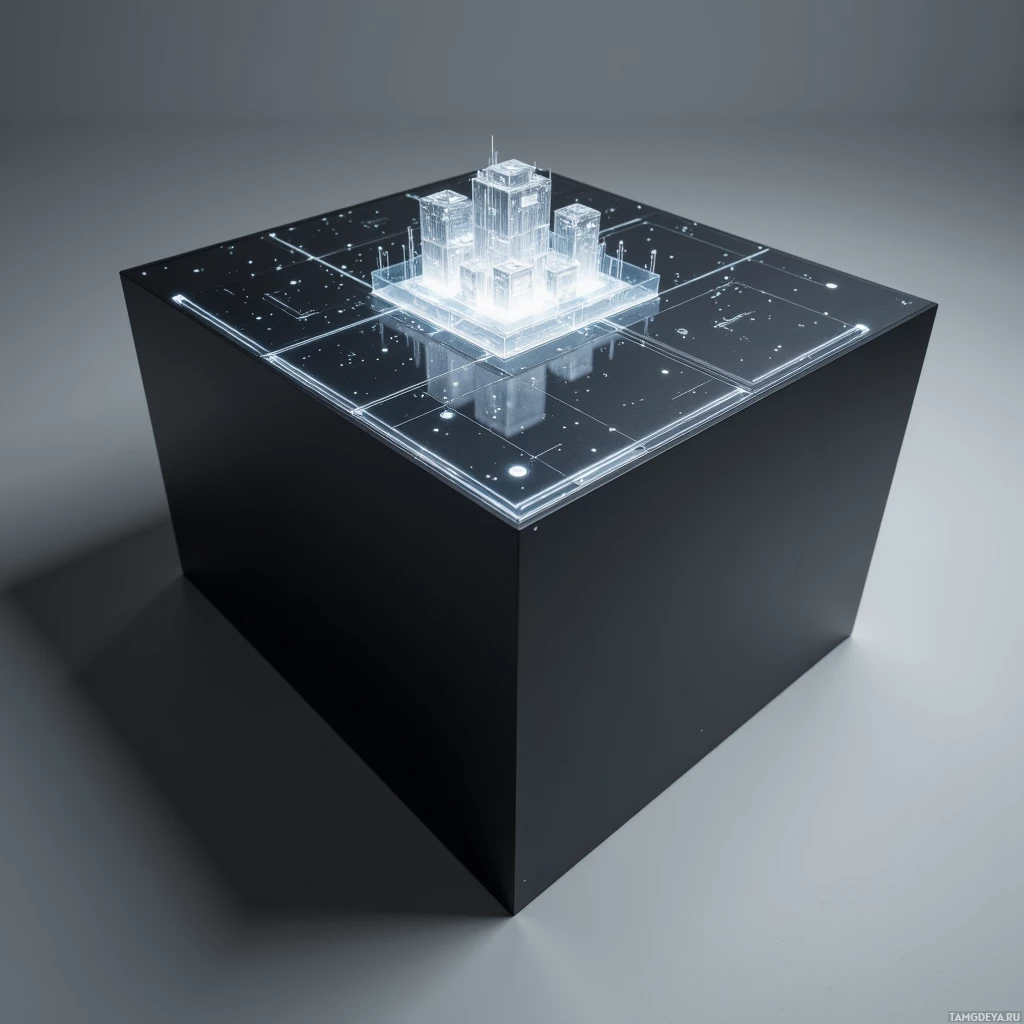 Semi-abstract image with many light, that is suitable for the post:  Matte black cube desk with a thin OLED panel on one face projecting a translucent 3D workspace model, subtle grid of pressure sensors embedded beneath the surface, thumb‑sized recessed touch interface, sleek minimalist geometry, slightly reflective metallic edges, lightweight composite material.