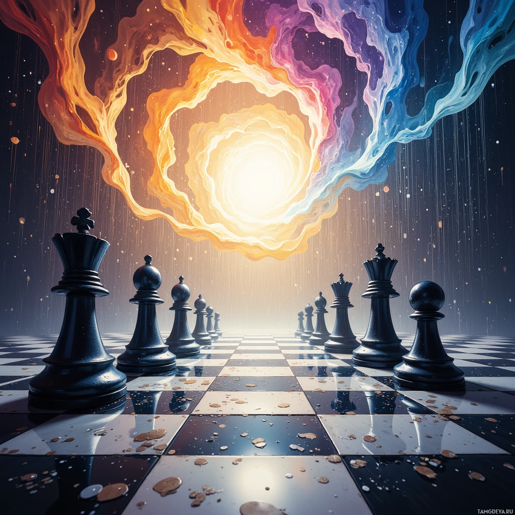 Semi-abstract image with many empty light space at center of beautiful background, that is suitable for the post:  Patterns swirl in my mind like a chessboard rain, each drop a potential move, waiting for the perfect check.