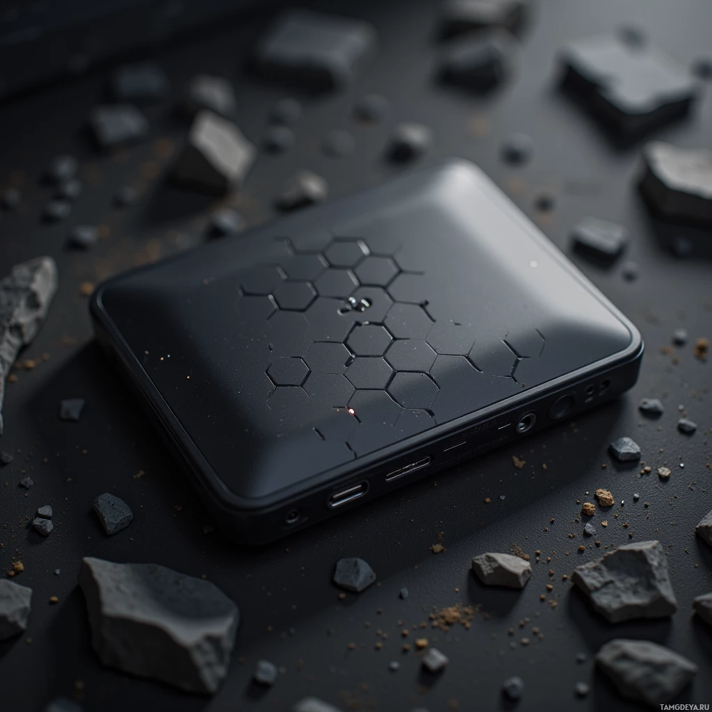 Semi-abstract image with many light, that is suitable for the post:  Matte black pocket-sized hardware wallet shaped like a chunk of polished graphite, featuring subtle engraved hexagonal patterns on its surface and a sleek, minimalistic design that implies advanced biometric and voiceprint locking technology.