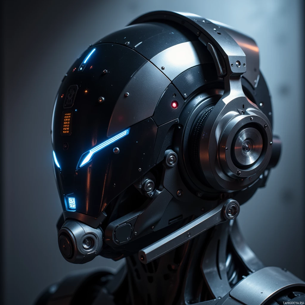 Semi-abstract image with many light, that is suitable for the post:  Titanium voice‑amp headset, matte black shell reminiscent of a fighter helmet, with a small glowing OLED display, sleek metal accents, ergonomic design, and subtle tech detailing.