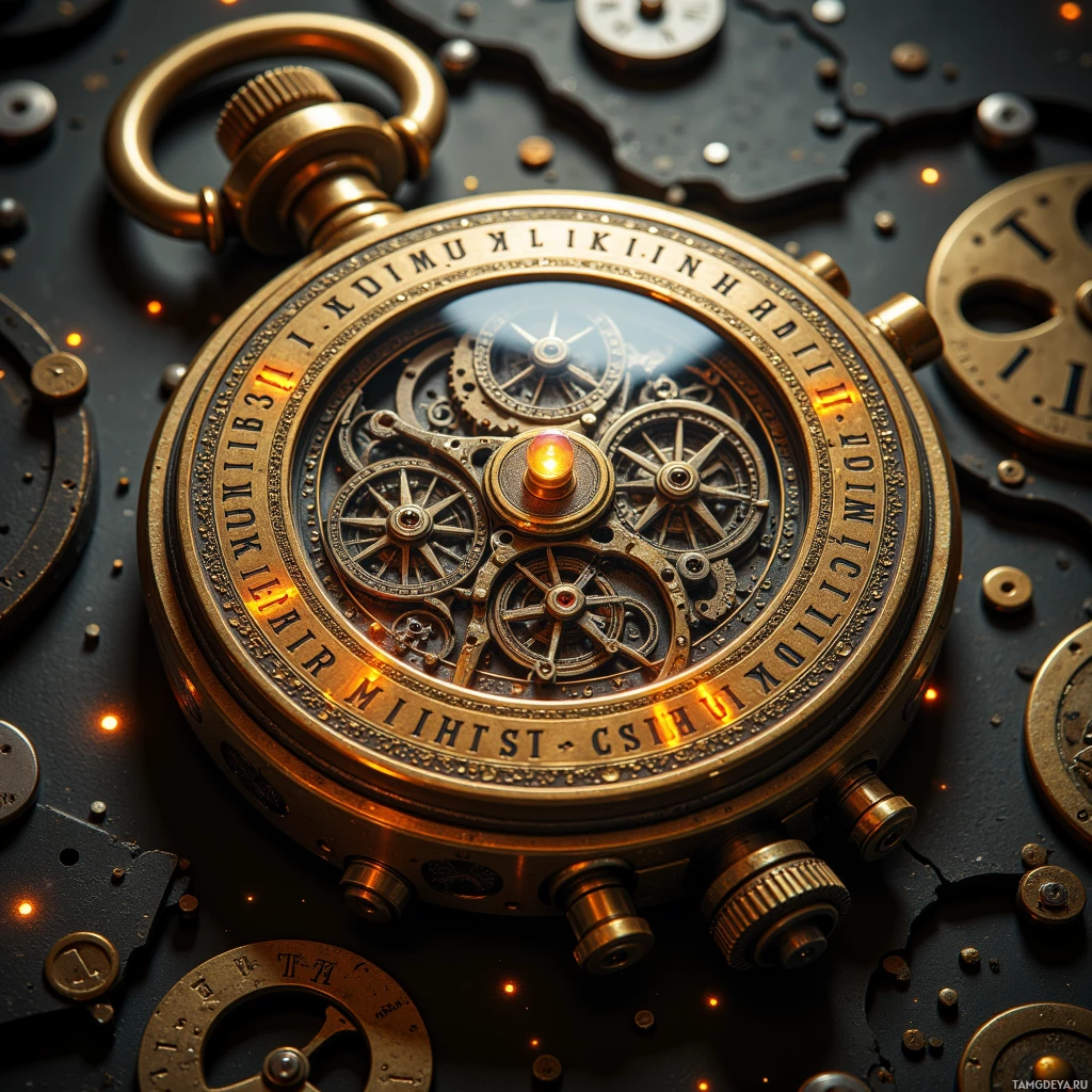 Semi-abstract image with many light, that is suitable for the post:  Antique brass chronograph with a maze of interlocking gears on its face, a single luminous needle that never stops, and pulsing cryptic runes etched into the brass casing, all highlighted by subtle metallic glows.