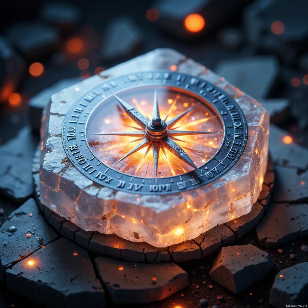 Semi-abstract image with many light, that is suitable for the post:  A translucent crystal-shaped compass with a smooth surface flecked with pulsing silver veins, a needle that shifts to unseen directions, and a warm, moonstone-carved handle etched with ancient runes, glowing softly.
