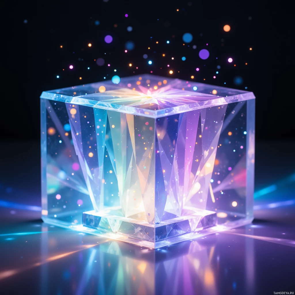Semi-abstract image with many light, that is suitable for the post:  Translucent glass cube with crystal facets refracting light like a tiny prism, shifting colors from soft pastels to electric blues in sync with ambient sound, a tech‑infused art piece.