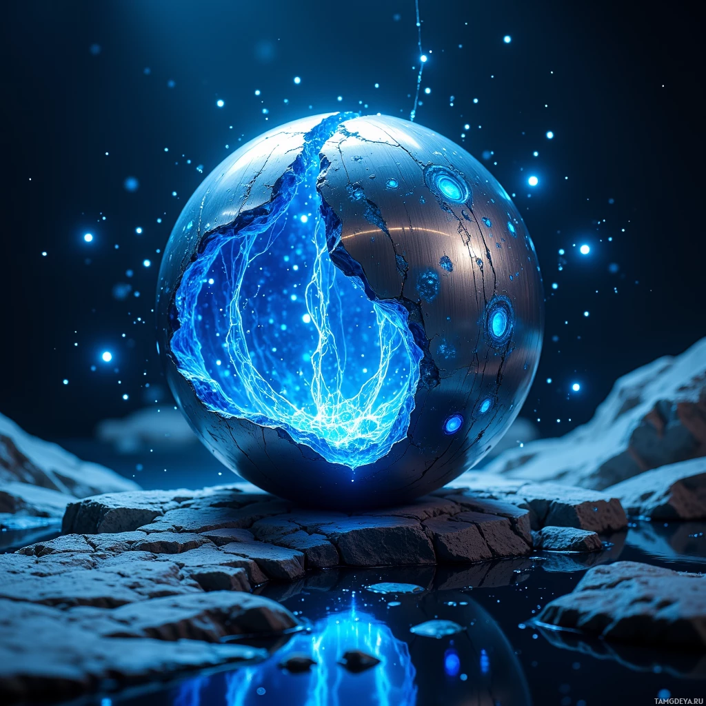 Semi-abstract image with many light, that is suitable for the post:  A baseball-sized humming sphere with a slick brushed titanium shell, glowing cobalt blue, swirling electrons visible inside, and a tiny crystal array embedded, projecting a protective energy shield.