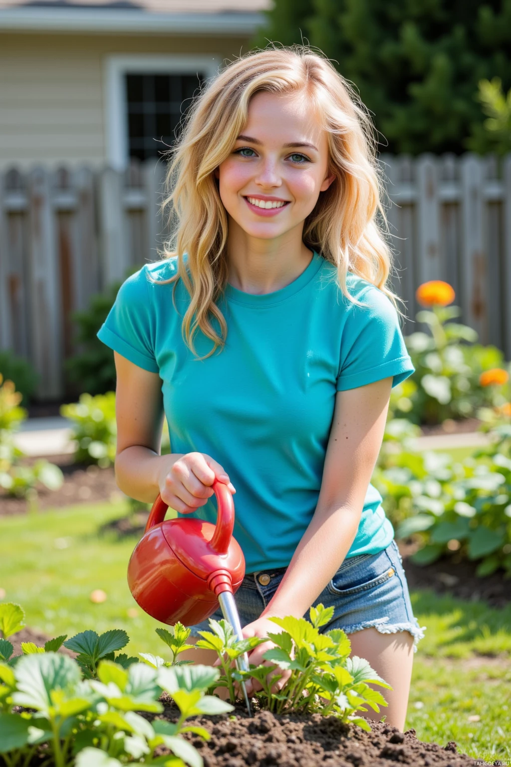 Realistic high quality photo. young woman with curly strawberry blonde hair, bright blue eyes, fair skin, wearing a bright blue T‑shirt and denim shorts, smiling as she waters seedlings in a sunny suburban backyard garden, soil visible, holding a watering can, standing on a patch of green at midday.