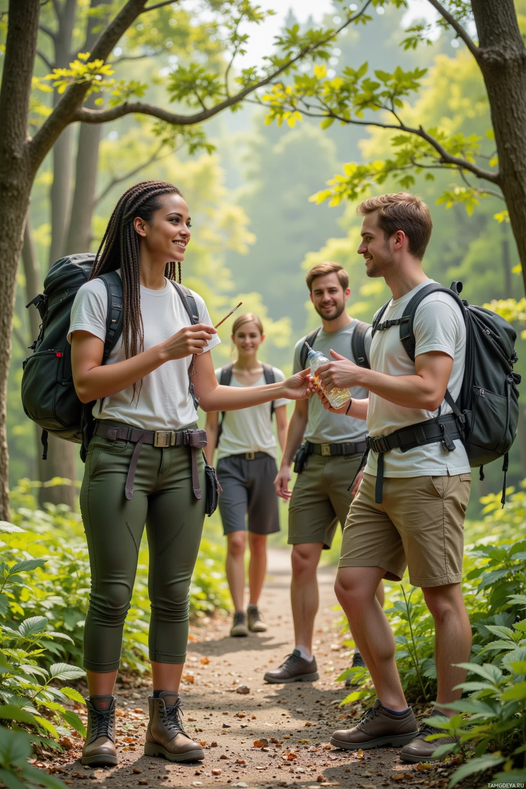 Realistic high quality photo. A 27‑year‑old woman with braided black hair, brown eyes, fair skin, wearing green hiking gear and boots, standing on a sunny forest trail, holding a heavy reusable tote bag, offering a bamboo straw to a tourist holding a single‑use plastic bottle, while friends laugh nearby amid lush trees and dappled sunlight.