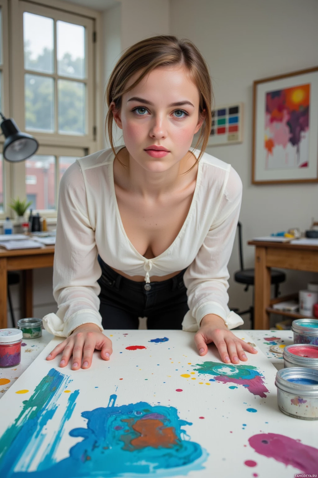Realistic high quality photo. A 25-year-old woman with short light brown hair, blue eyes, pale skin, wearing an elegant white top and black trousers, hunched over a cluttered studio table covered in splattered paint, a large canvas with bold brushstrokes, a vision board with color swatches, a magnifying glass on the table, late afternoon light filtering through a window, her focused expression reflecting disciplined yet impatient energy.