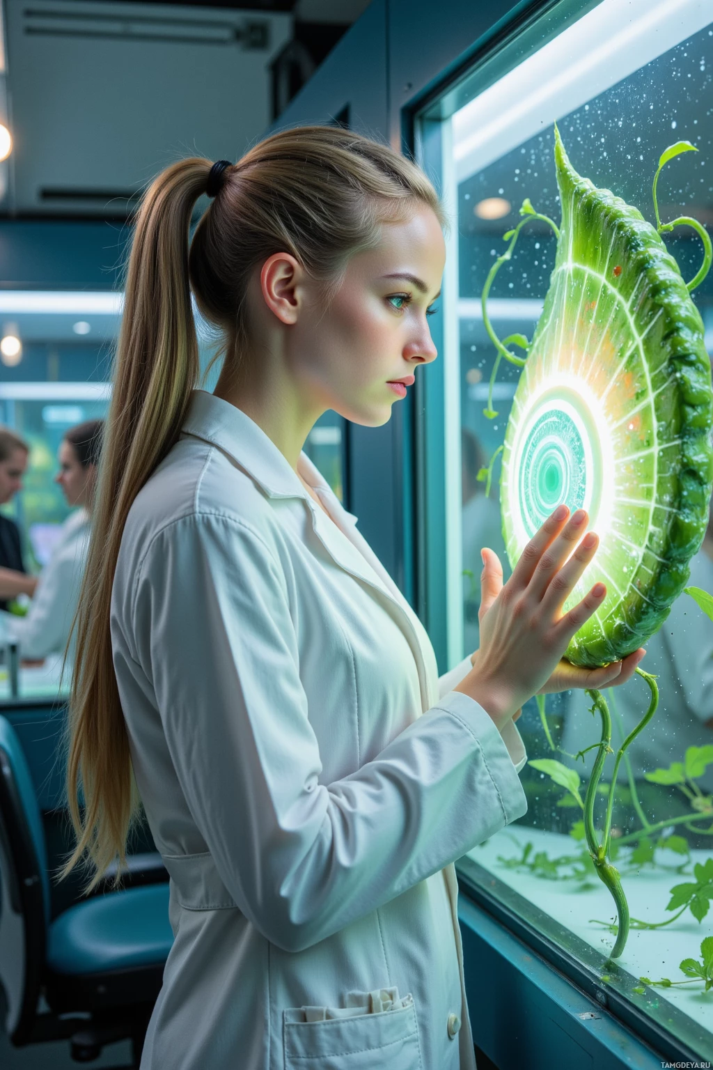Realistic high quality photo. 24‑year‑old woman with long blonde ponytail, green eyes, fair skin, wearing a sleek white lab coat with utility belts and a holographic henna‑patterned shawl, stands at the glass‑walled edge of a bioengineering lab where microprocessor vines intertwine with a living leaf, her trembling hands touching a hybrid creature’s soft bioluminescent skin while data streams ripple across the walls.