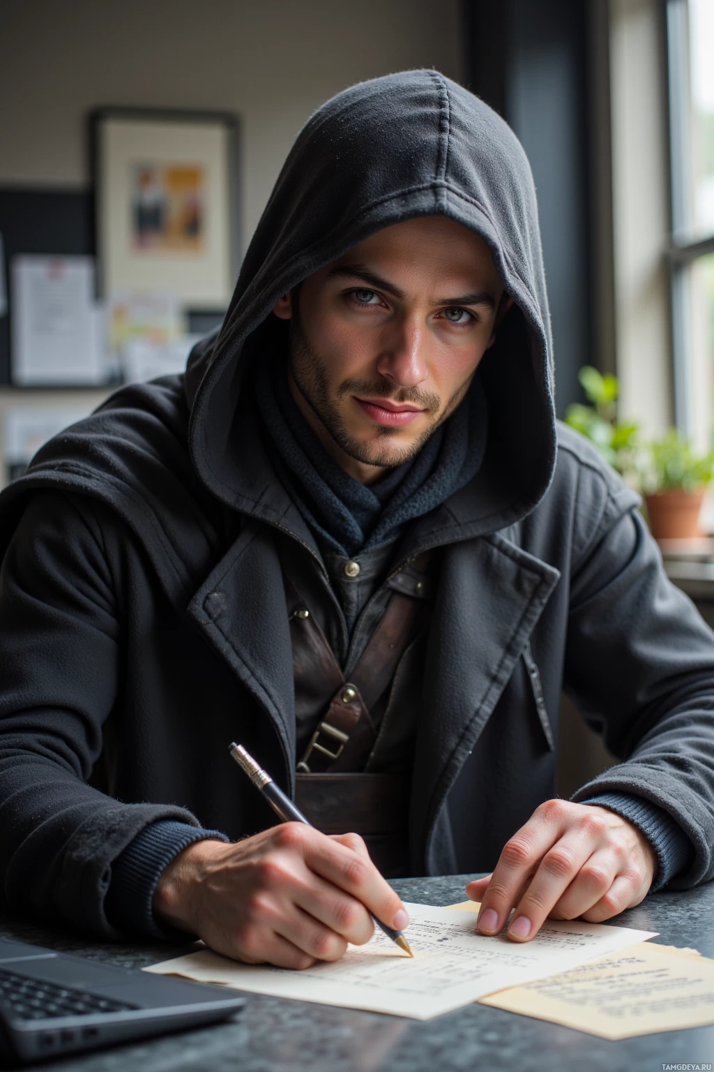 Realistic high quality photo. 31‑year‑old man with light brown hair, blue eyes, pale skin, wearing a dark hooded cloak over simple layered clothing, sits at a modern office desk in soft afternoon light, tracing the faded ink of a forgotten receipt with his fingers while a humming keyboard rests beside him, his hopeful grin brightening the quiet space.