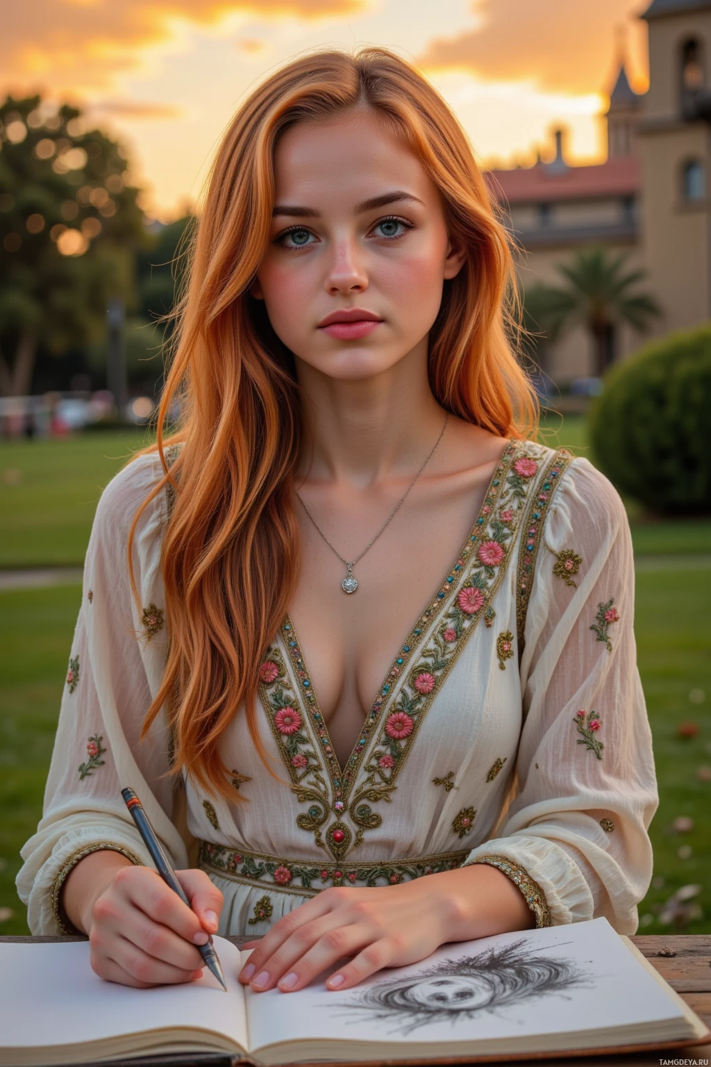 Realistic high quality photo. A warm‑skinned woman, 24, with flowing orange‑pink hair in soft loose waves and bright blue eyes, wearing a bohemian dress with intricate embroidery and a delicate silver necklace, sits in a lush park at sunset with an amber‑and‑rose gradient sky, sketching charcoal lines onto a sketchbook while cicadas hum in the background.