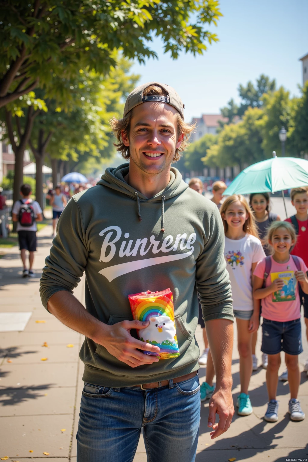 Realistic high quality photo. A 26‑year‑old man with messy blonde hair, bright blue eyes, wearing a backwards baseball cap, casual hoodie, comfortable jeans, cheeky grin, standing on a sunny suburban block near a park, holding a rainbow‑scented mystery bag while a child holds an umbrella with a note, surrounded by laughing classmates.