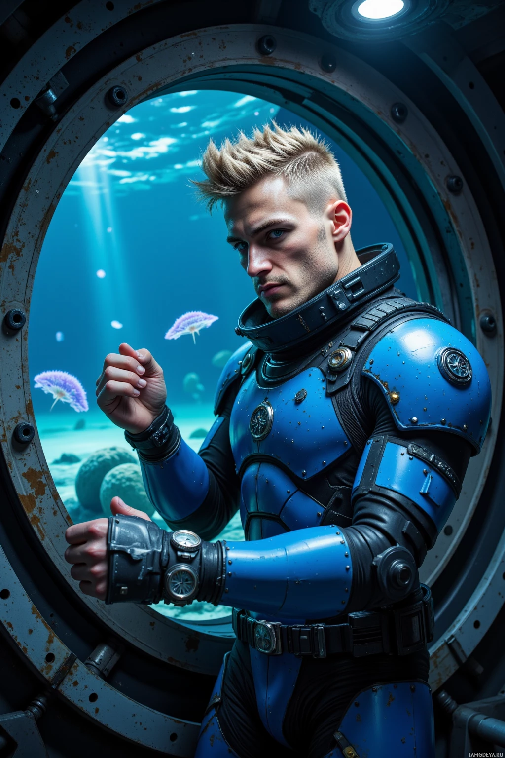 Realistic high quality photo. A tall, athletic 31‑year‑old man with short spiked blonde hair, sharp blue eyes, and pale skin, clad in sleek blue armor with water‑themed insignia and high‑tech gadgets, calmly adjusts a wrist‑mounted chronometer inside a dim submarine observation port while bioluminescent plankton glow outside, reflecting disciplined precision.