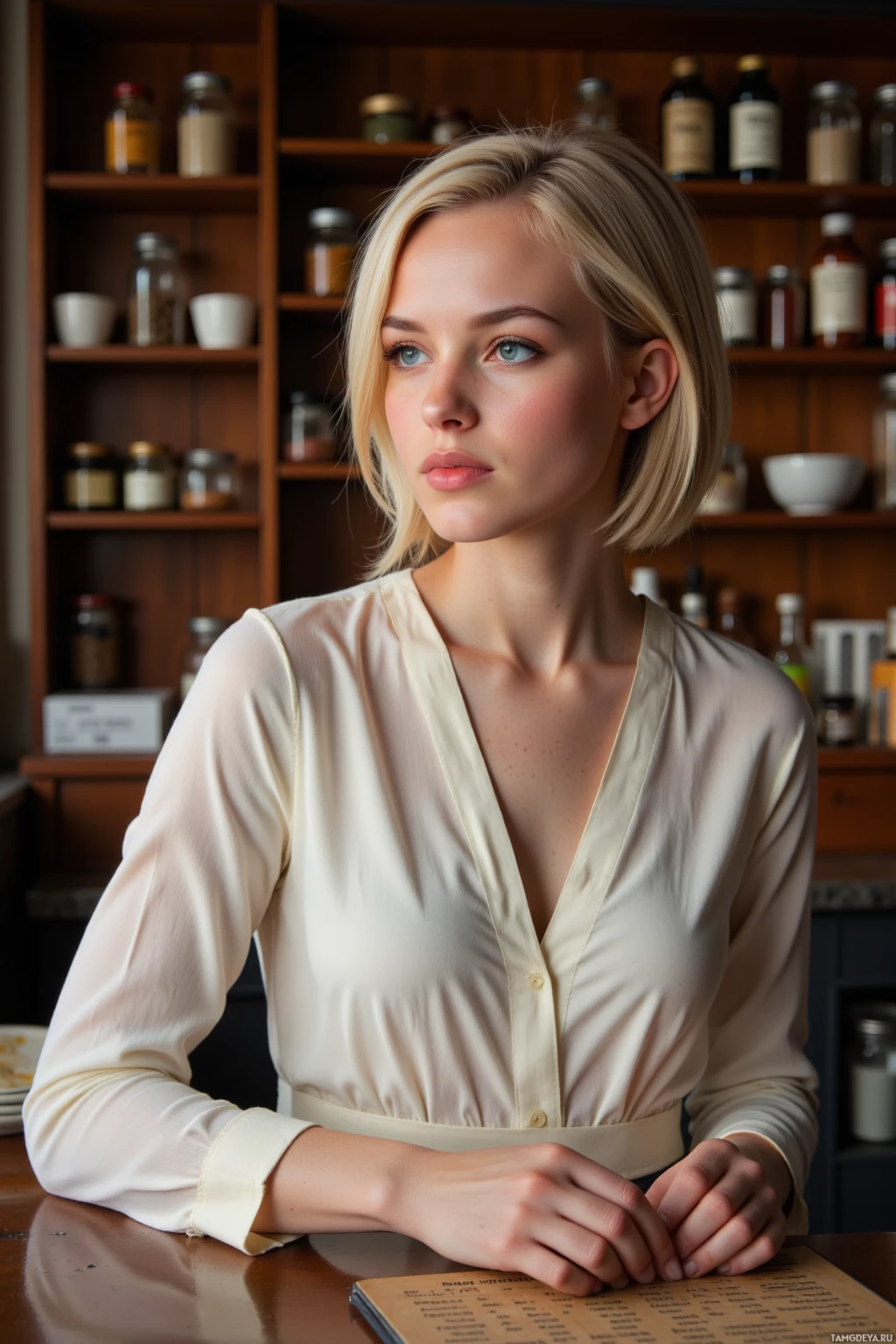 Realistic high quality photo. A 28‑year‑old woman with short platinum blonde hair, bright blue eyes, pale skin, wearing an ivory midi dress with clean lines and soft pleats, sits at a dimly lit café counter arranging a small spice rack alphabetically amid warm wooden furnishings.