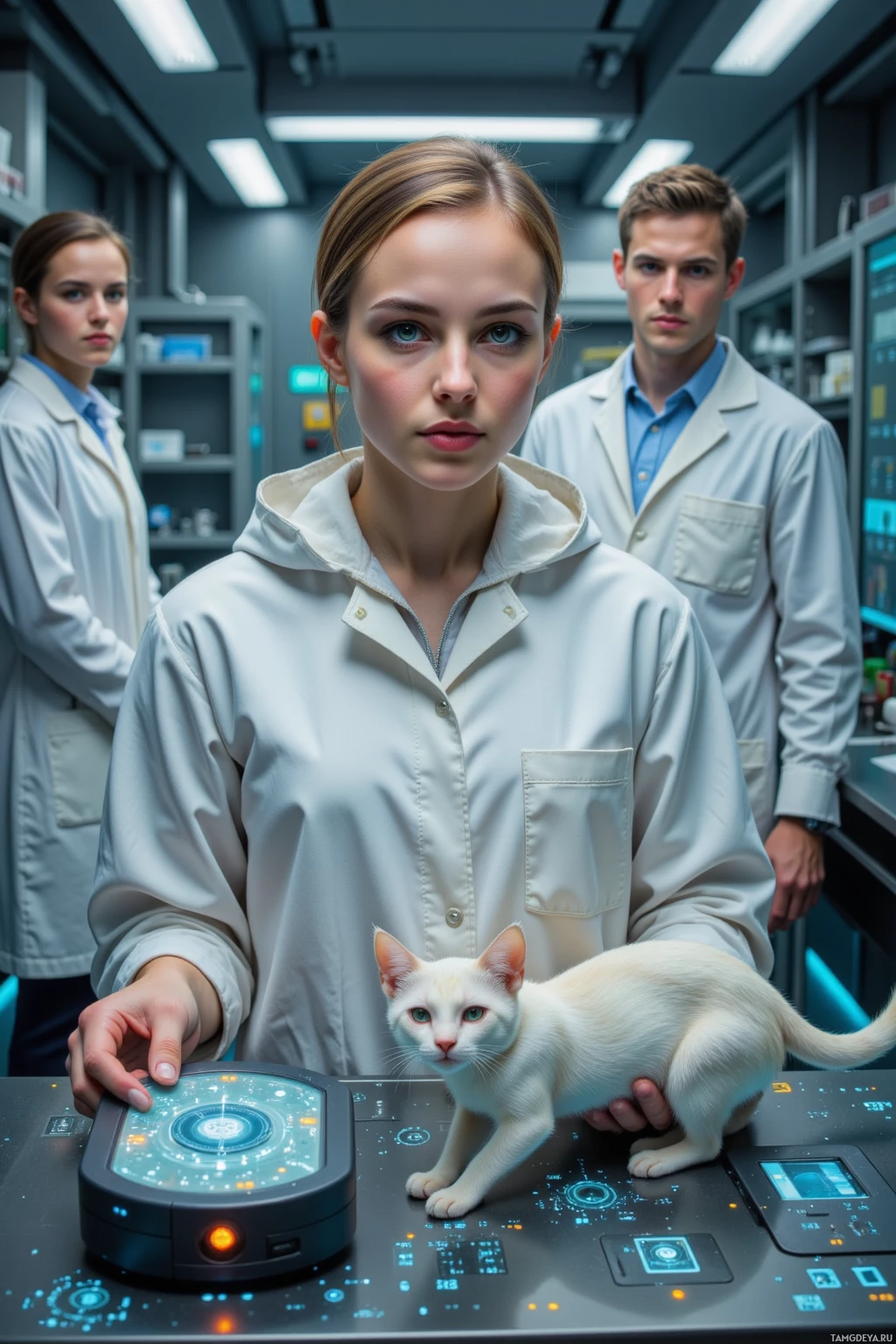 Realistic high quality photo. Female scientist, 30, short light brown hair, reflective green eyes, porcelain skin, wearing a sleek white lab coat layered under a light silver cloak, standing in a polished chrome laboratory with flickering LED bench lights in sync, holding a micro‑chip interface while a small cat glows with streaming data and a hovering Wi‑Fi symbol emits 7‑bit Morse code lights, as a lab assistant with a wrist camera awkwardly attempts a selfie, all under dim ambient illumination.